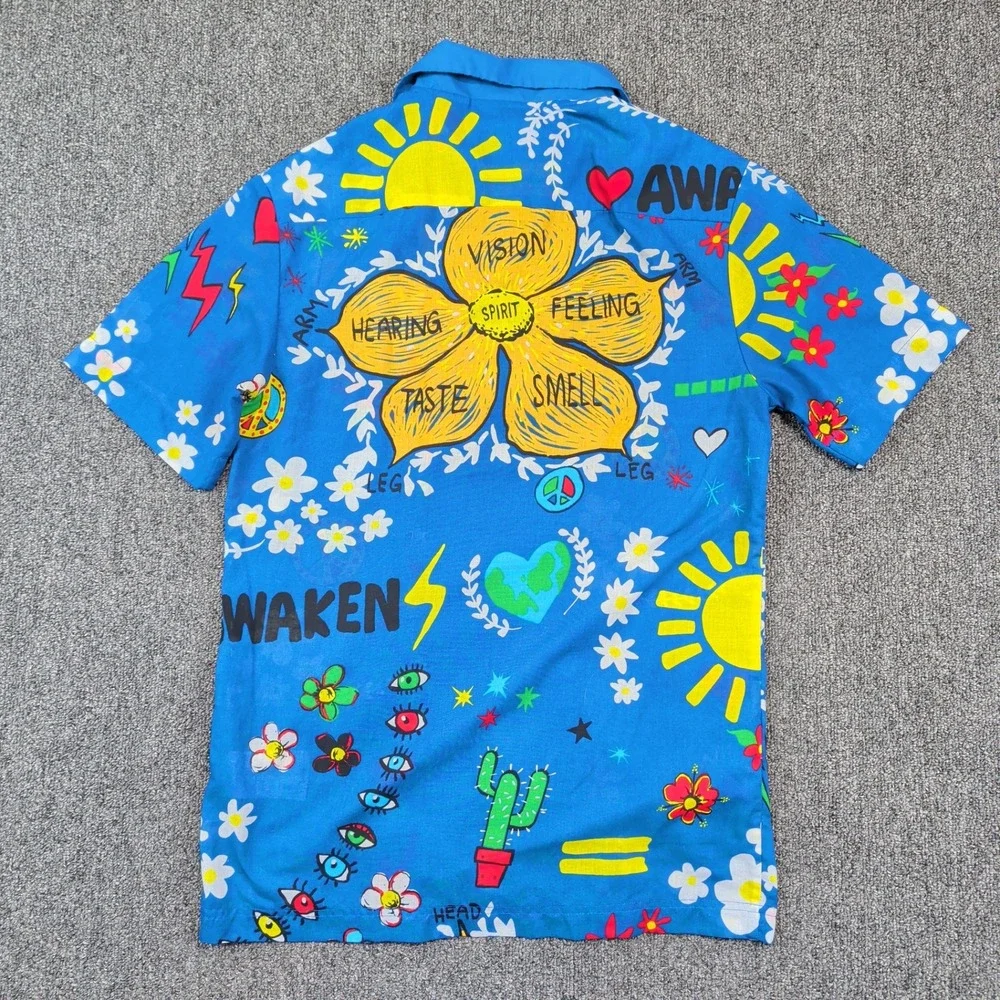 Adidas x Pharrell Williams Hu Awaken Graphic Button Down Shirt XS Blue Festival
